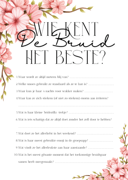 Invulkaart A5 Vrijgezellenfeest Bloem - Set van 10 🥂