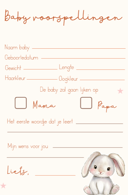 Invulkaart A5 Babyshower Konijntje - Set van 10 🍼✨