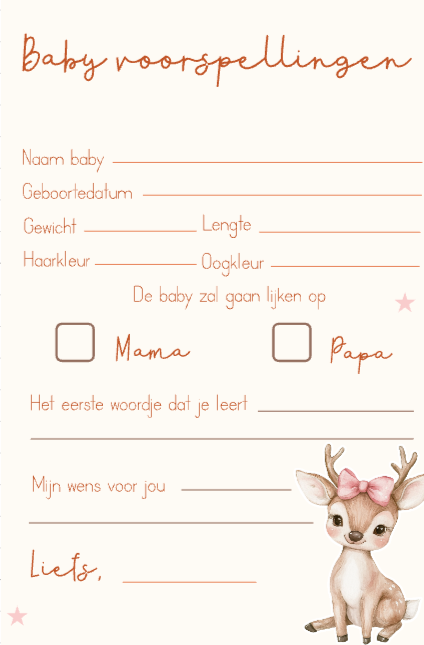 Invulkaart A5 Babyshower Hertje - Set van 10 🍼✨